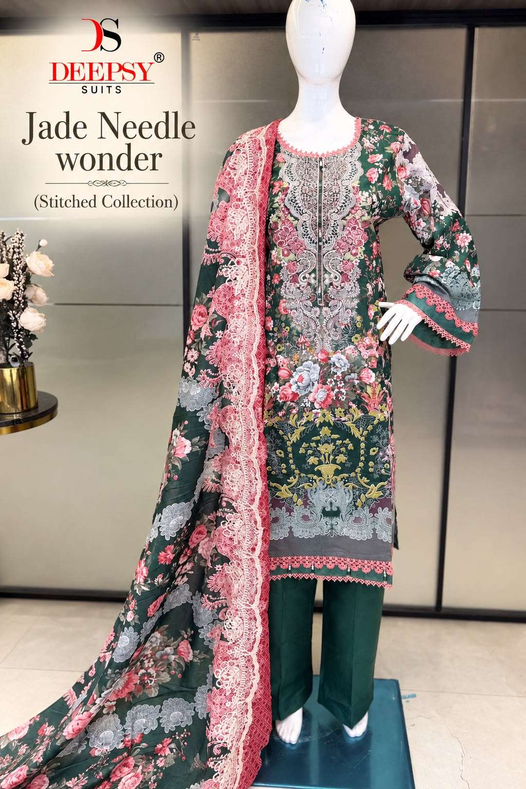 DEEPSY SUITS JADE NEEDLE WONDER CHIKAN WORK LACE AND LATKAN PAKISTANI SUIT STITCHED BRAND SHOP